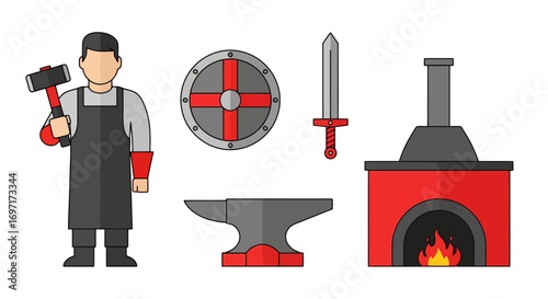 Blacksmith's forge vector illustration featuring a craftsman, anvil, hammer, shield, sword, and furnace for medieval fantasy game design and historical reenactment graphics