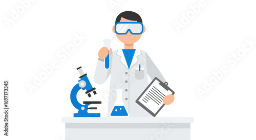 A cartoon scientist conducts research in a laboratory holding a test tube and clipboard used for documenting the experiment, a colorful flat vector design for educational purposes