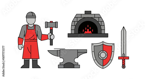 A blacksmith's workshop illustration showcasing forging tools and equipment, including a hammer, anvil, furnace, sword, and shield for historical and fantasy-themed projects