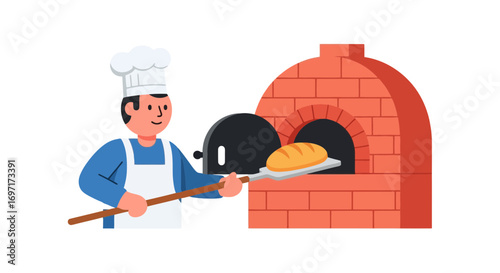An illustration of a baker pulling freshly baked bread from a traditional brick oven, perfect for bakery websites, cookbooks, and culinary education materials, or restaurant branding.