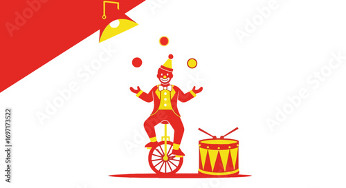 A vibrant cartoon illustration featuring a circus clown on a unicycle juggling balls, accompanied by a drum, evoking a sense of fun and entertainment for children's designs
