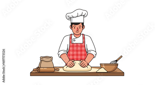 An illustration of a baker kneading dough on a wooden board, wearing a chef's hat and apron, perfect for recipe blogs and culinary education material