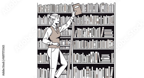 A woman reaching for a book on a tall bookshelf in a library setting, suitable for educational resources and promoting literacy and knowledge acquisition