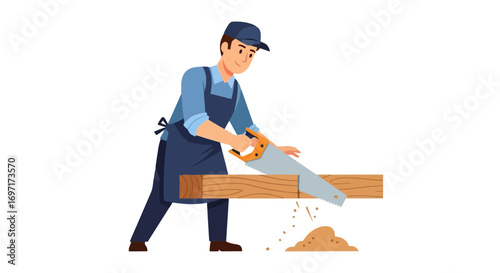 An illustration showcasing a skilled carpenter expertly cutting wood with a handsaw, highlighting craftsmanship and woodworking skills for DIY projects and home improvement