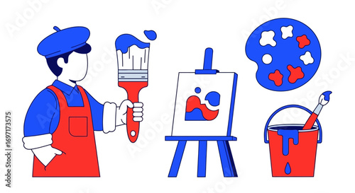 A whimsical illustration showcasing the artistic process, featuring a painter with his tools, including easel, paintbrush, palette, and paint bucket, perfect for educational design projects
