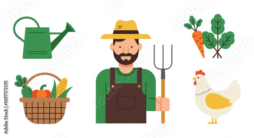 Depiction of an organic farmer and his harvest with a watering can, fresh vegetables, and a chicken for sustainable agricultural practices
