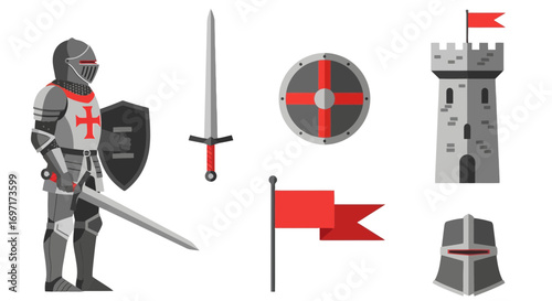 A set of medieval knight illustrations including a knight in full armor, sword, shield, castle tower, helmet, and banner for historical reenactment designs