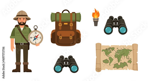 Explorer's Essential Gear Illustration: A compass, backpack, binoculars, map, and torch set for adventurous travel and exploration themed design projects