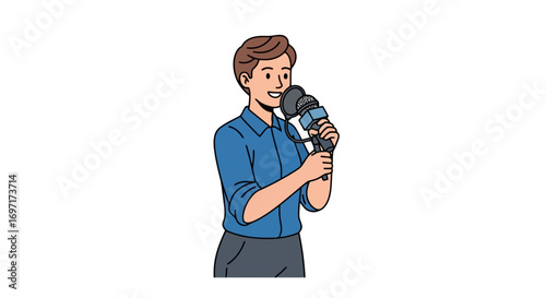 An animated woman delivering news or public speaking, holding a microphone, ideal for presentations, media, journalism, and communication concepts with a clean design