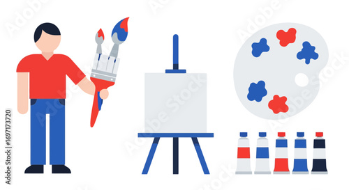 An illustration of an artist with easel, brushes, palette, and paint tubes, representing creativity, art education, and artistic expression for various creative projects
