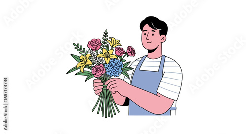 A charming illustration of a florist holding a vibrant bouquet of mixed flowers, ideal for greeting cards, invitations, and floral shop promotions, showcasing the beauty of floral arrangements