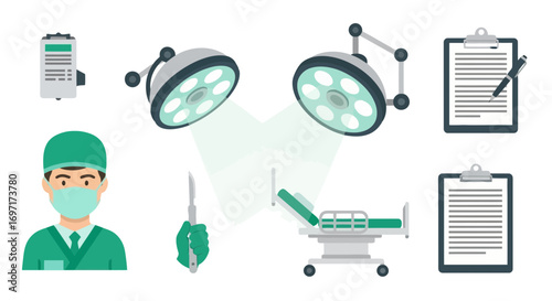 Depiction of essential surgical equipment and medical personnel in a detailed flat vector illustration for healthcare educational purposes