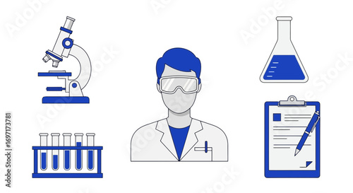 A simplified graphic representation of a scientist in a laboratory setting including a microscope, beaker, test tubes, and clipboard for educational scientific illustration