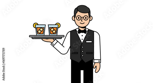A stylized illustration of a waiter in formal attire holding a tray with two old fashioned cocktails for bar service and restaurant promotion