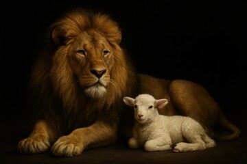 Crédence de cuisine Lion Majestic lion resting beside gentle lamb on seamless black studio background powerful symbol of strength tenderness harmony and unlikely friendship  © Jelena