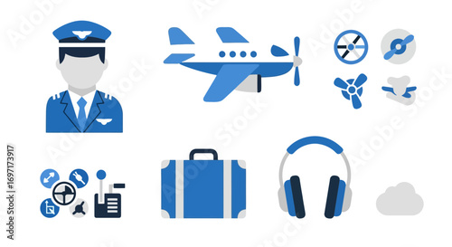 A set of aviation icons depicting a pilot, airplane, luggage, headphones, and flight controls for travel, transportation and educational design projects