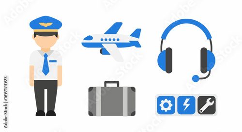 A Flat Design Illustration Set Featuring Pilot, Airplane, Suitcase, Headset, and Maintenance Icons for Aviation and Travel Related Projects