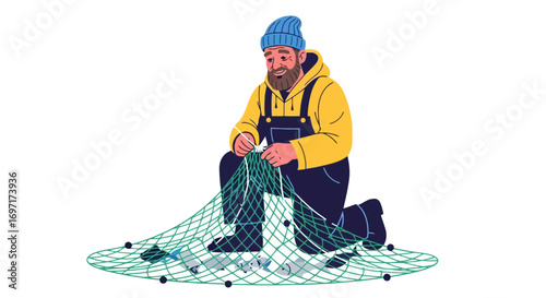 A focused fisherman mending his net with care, embodying the spirit of maritime tradition and the dedication of coastal communities for sustainable fishing practices