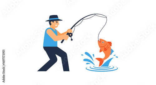 A cartoon illustration of a fisherman reeling in a large fish, showcasing a successful catch for use in recreational fishing themed designs and educational materials
