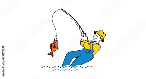 An illustration depicting a fisherman reeling in a large fish with a fishing rod, showcasing angling and outdoor recreational activities, suitable for children's books and nature themes