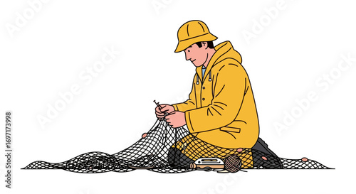 An illustration depicting a fisherman meticulously mending a fishing net, capturing the essence of maritime tradition and sustainable fishing practices
