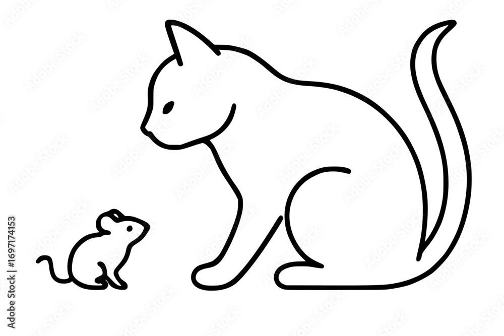 Fototapeta premium Minimalist black outline cat looking at a mouse