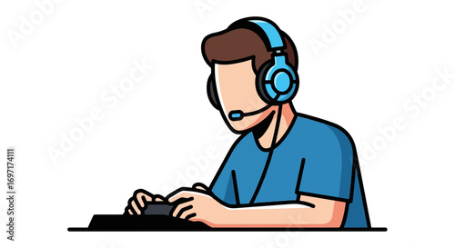 A digital illustration of a gamer with a headset playing video games using a controller for esports tournaments and streaming content creation