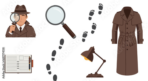 Detective investigation elements featuring a magnifying glass, footprints, trench coat, notepad, and desk lamp for mystery novel illustrations