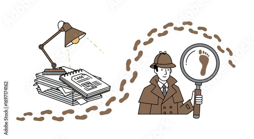 An illustration depicting a detective solving a mystery with clues, footprints, a magnifying glass, and a desk lamp illuminating documents for investigation