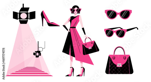 A stylish fashion show illustration featuring a model posing with accessories under the spotlights perfect for fashion blogs, magazine editorials, and promotional material