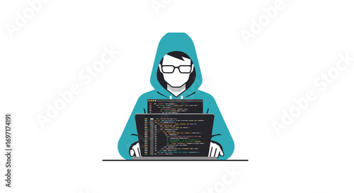 An illustration of a focused programmer coding on dual laptops, showcasing software development, cybersecurity, and modern technology for web design and educational purposes