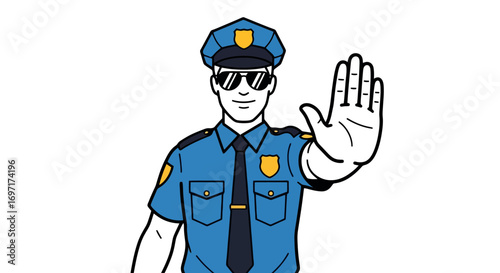A cartoon illustration of a police officer with sunglasses holding up a hand to signal stop for safety awareness campaigns, traffic control, and law enforcement education