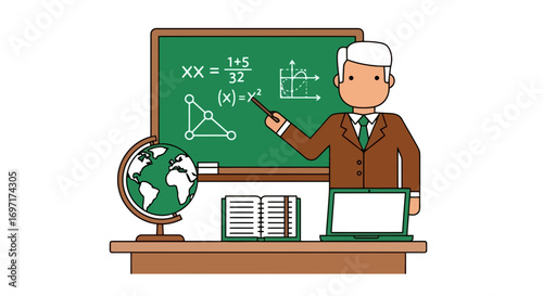 A cartoon illustration of a teacher presenting mathematical concepts on a chalkboard with a globe, book, and laptop on a desk, great for educational materials