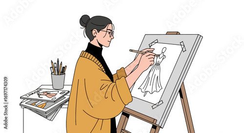 Fashion Designer Sketching a Dress Illustration, Ideal for Fashion Blogs, Design Courses, and Creative Industry Marketing Materials that Showcase Artistic Skill