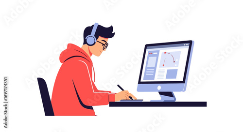 Vector Illustration of a Young Designer Working on a Computer, Ideal for Websites, Blogs and Digital Design Tutorials, and Educational Material