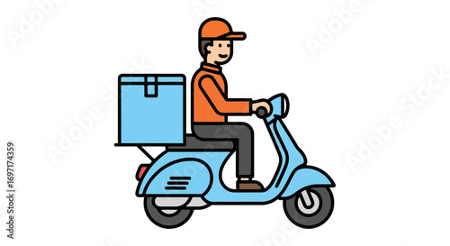Cartoon Illustration of Food Delivery Service on Scooter, Perfect for Restaurant Websites, Mobile Apps, and Marketing Materials Promoting Fast Food Delivery