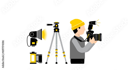 Photographer Equipment and Shooting Illustration, Ideal for Photography Tutorials, Stock Images, and Creative Project Enhancements