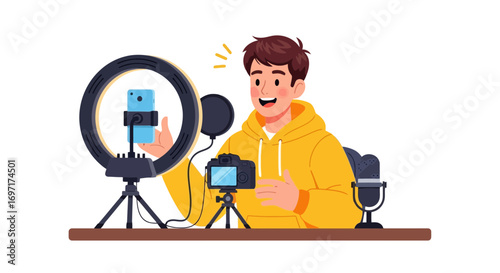 Cheerful Content Creator Recording Video with Professional Equipment, Perfect for Educational Tutorials and Online Course Promotion, Social Media Marketing