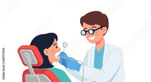 Cheerful Dentist Examining Patient's Teeth Illustration, Perfect for Dental Clinic Promotions, Educational Materials, and Healthcare Websites