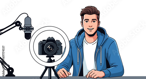 Young Vlogger Illustration with Camera, Microphone, and Ring Light, Perfect for Social Media Tutorials and Content Creation Guides