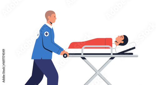 Emergency Medical Services Illustration Depicting Paramedic Transporting Patient on Stretcher, Suitable for Healthcare Websites and Educational Materials