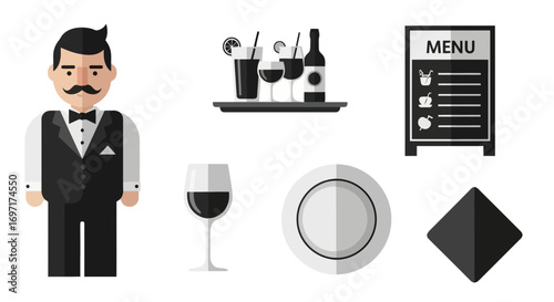 Elegant Restaurant Service Icons for Website Design, Menu Illustrations, and Culinary Presentations Focusing on Fine Dining