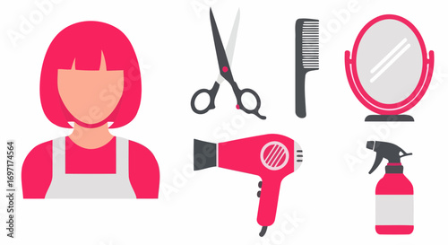 Minimalist Hair Salon Icon Set with Vibrant Pink Accents, Perfect for Beauty Blogs, Style Guides, and Salon Websites to Attract a Modern Audience