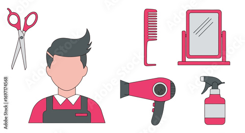 Minimalist Hair Salon Illustration Set, Perfect for Website Icons, Beauty Blogs, and Hairdressing Tutorials, Attracting Modern Style Enthusiasts
