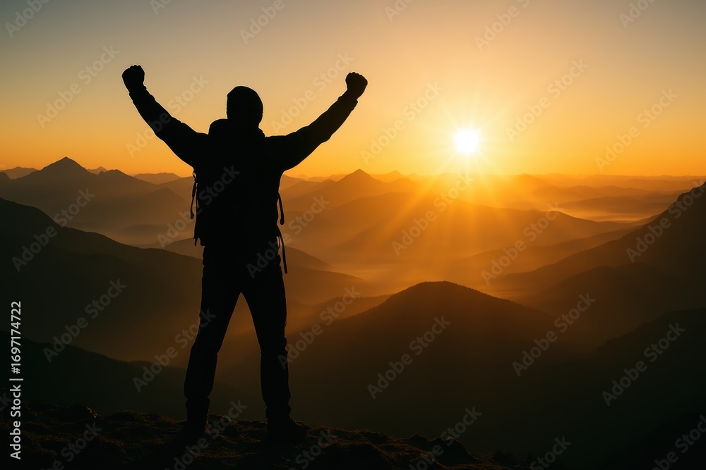 Fototapeta premium Triumphant hiker on summit at sunrise arms raised over rolling peaks epic achievement and freedom inspirational travel adventure with golden light and sweeping vista