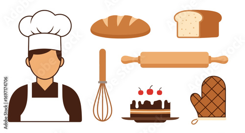 Baking Essentials Vector Illustration Set, Perfect for Cookbook Designs, Culinary Websites, and Food Blog Graphics to Enhance the Visual Appeal and User Engagement