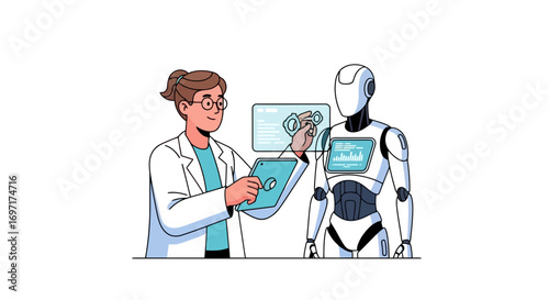 Innovative Robotics Research Illustration, Showcasing Human-AI Collaboration in Modern Science and Technology, Ideal for Educational Materials and Research Publications