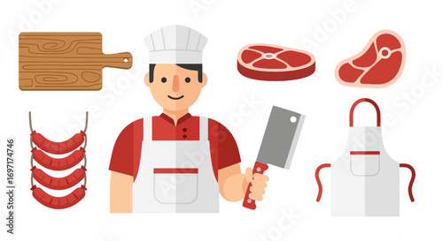 Butcher Illustration with Meat and Tools for Culinary Blogs, Restaurant Menus, and Food-Related Educational Materials