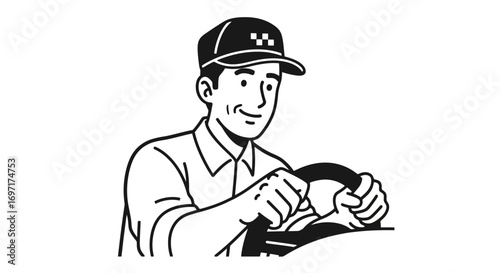 Line Art Illustration of a Taxi Driver, Perfect for Transportation Services, Mobile Applications, and Advertising Promoting Urban Commuting