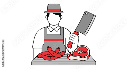Butcher Illustration with Meat and Sausages, Great for Culinary Blogs, Restaurant Menus, and Food Industry Marketing Materials with a Clean and Modern Aesthetic